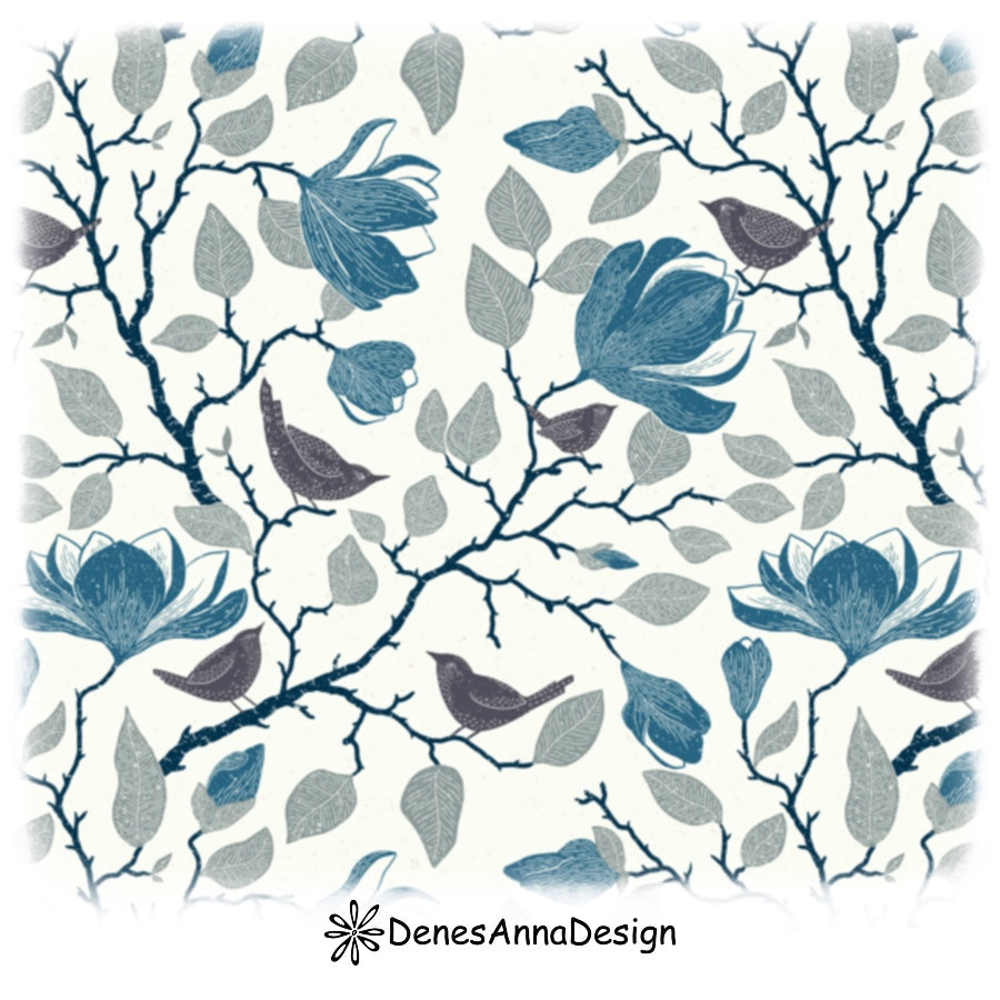 Magnolie de primăvară cu păsări - Gravură pe linoleum