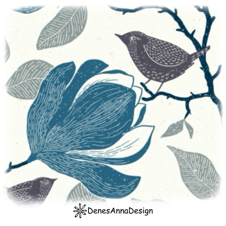 Magnolie de primăvară cu păsări - Gravură pe linoleum